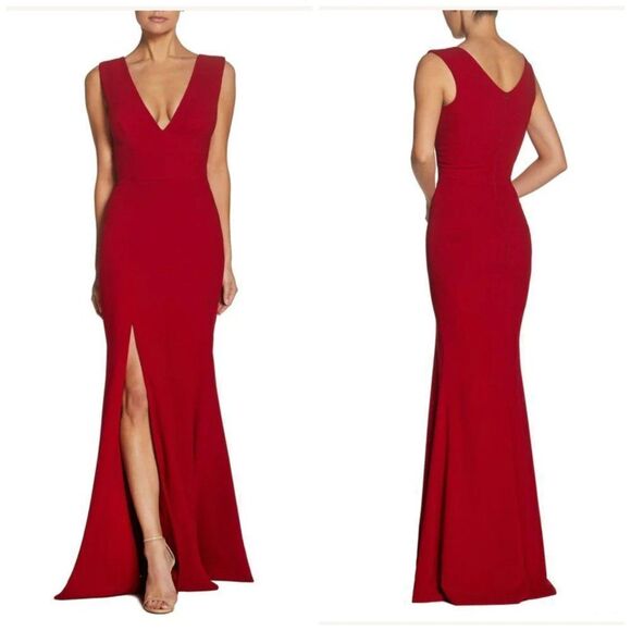 DRESS THE POPULATION Sandra Plunging V-Neck Sleeveless Crepe Gown - Picture 1 of 8